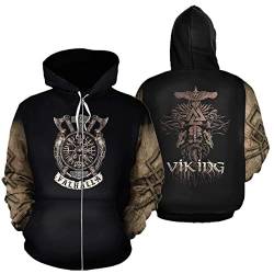 WSXJJ Wikinger Odin Tattoo Hoodie für Herren, 3D Gedruckter Nordischer Freizeit Sweatshirt Pullover Übergroße Harajuku Jacke,Valhalla Zipper,M von WSXJJ