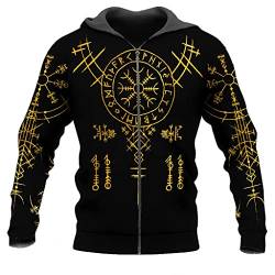 WSXJJ Wikinger Tattoo Sweatshirt für Herren, Nordischer Odin Hoodie Pullover mit 3D Druck Frühling Freizeitjacke,Helm of awe Zipper,M von WSXJJ