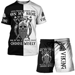 Wikinger Tattoo T-Shirt Herren Shorts Set, 3D Gedruckte Sommer Kurzarm Strandshorts Fitness Badeshorts,Valhalla,XL von WSXJJ