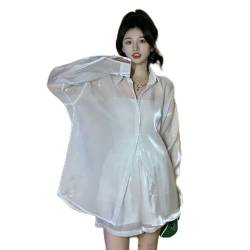 Frühling Sommer dünne Seidenbluse Damen Pure Desire Style Perlglanz durchsichtige Hemden Koreanisches weißes Sonnenschutzhemd-Weiß-S von WSZJLN