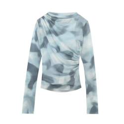 Herbstliches Tie-Dye-bedrucktes Mesh-Langarm-T-Shirt, feminines Hot-Girl-Plissee-Top-Bildfarbe-S von WSZJLN