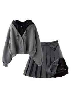 Spring Harajuku Streetwear Zweiteiliger Rock Frühling Oversize Plissee A-Linie Röcke Damen 2-teiliger Anzug für Damen-Grau 2-teilig, M (50 kg-55 kg) von WSZJLN