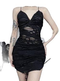 WSZJLN Gothic-Minikleider für Damen, sexy V-Ausschnitt, figurbetontes Sling-Kleid, transparent, schwarz, rückenfrei, Streetwear von WSZJLN