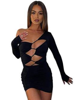 WSZJLN Schickes, modisches, langärmliges, ausgeschnittenes Bandage-Minikleid, Outfits für Frauen, heiße sexy Club-Party-Kleider, figurbetonte Kleidung, Schwarz, L von WSZJLN