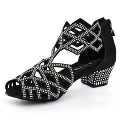 WUAILIM Damen Ballsaal Strass Tanzschuhe Latein Salsa Bachata Praxis Performance Tänzerin Schuhe, Schwarzer Satin-1,5-Zoll-Absätze, 40 EU von WUAILIM