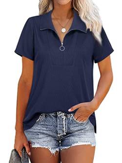 Damen Poloshirt V-Ausschnitt Kurzarm Bluse Reißverschluss Oberteile Tunika Sports Hemd Casual T-Shirt mit Kragen,Blau,S von WUDODO