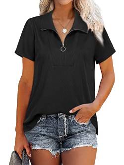 Damen Poloshirt V-Ausschnitt Kurzarm Bluse Reißverschluss Oberteile Tunika Sports Hemd Casual T-Shirt mit Kragen,Schwarz,S von WUDODO