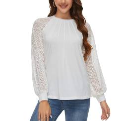 Langarmshirt Damen Rundhals Ausschnitt Langarm Top mit Spitzen Ärmel Frühling und Sommer Elegant Tops (DE/NL/SE/PL, Alphanumerisch, XL, Regular, Regular, Weiß) von WUDODO