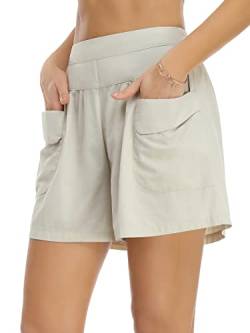 WUDODO Damen Baumwolle Shorts Gummiband Hotpants Sommer Weite Kurze Hosen Freizeit Sommershorts mit Taschen,Aprikose,S von WUDODO