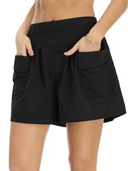 WUDODO Damen Baumwolle Shorts Gummiband Hotpants Sommer Weite Kurze Hosen Freizeit Sommershorts mit Taschen,Schwarz,S von WUDODO