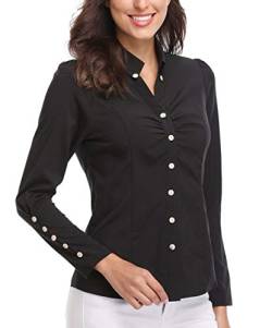 WUDODO Damen Langarmshirt, Bluse für Damen Hemd mit Knöpfen Figurbetonte Hemdbluse Business Oberteil Arbeithemden, Schwarz von WUDODO