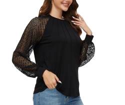 WUDODO Langarmshirt Damen Rundhals Ausschnitt Langarm Top mit Spitzen Ärmel Frühling und Sommer Elegant Tops (DE/NL/SE/PL, Alphanumerisch, XL, Regular, Regular, Schwarz) von WUDODO