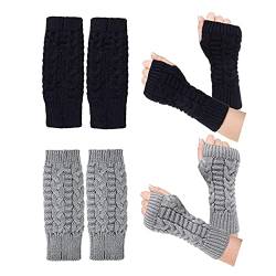 WUERKIYA 2 Paar Fingerlose Handschuhe Winter Armstulpen Pulswärmer Stricken Damen Winter Halb Fingerhandschuhe Winterhandschuhe Wärmer Strick Kurzer Gestrickte Fingerlose Fäustlinge -Schwarz + Grau von WUERKIYA