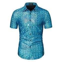 WULFUL Herren Disco Shirt Pailletten Kurzarm Button Down Shirts 70er Jahre Party Kostüm Kleid Hemden, Blue0150, Mittel von WULFUL