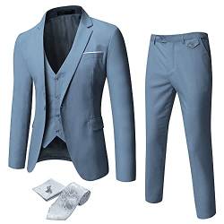 WULFUL Herren Slim Fit Anzug Ein-Knopf 3-teilig Blazer Kleid Business Hochzeit Party Jacke Weste & Hose, Hellgrau (5 Stück/Set), 3XL von WULFUL