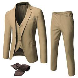 WULFUL Herren Slim Fit Anzug One Button 3-teiliges Blazer Kleid Business Hochzeit Party Jacke Weste & Hose, Khaki (5 Stück/Set), S von WULFUL