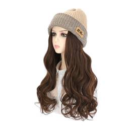 WUODHTW Frauen Beanie Hut Perücke gestrickte Hut Perücke 19.6-Zoll Welle Lockiges Haar Winter Warme Hut Perücke (zwei Tragemethoden) von WUODHTW