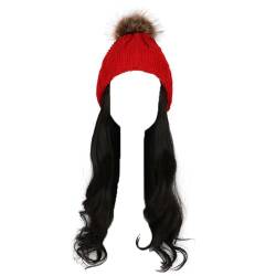 WUODHTW Frauen Beanie Hut Strickmütze Winter Wolle Strickmütze Lange Welle Locken Haar Abnehmbare warme Hutperücke Damenperücke von WUODHTW