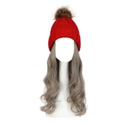 WUODHTW Frauen Beanie Hut Strickmütze Winter Wolle Strickmütze Lange Welle Locken Haar Abnehmbare warme Hutperücke Damenperücke von WUODHTW