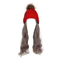 WUODHTW Frauen Beanie Hut Strickmütze Winter Wolle Strickmütze Lange Welle Locken Haar Abnehmbare warme Hutperücke Damenperücke von WUODHTW