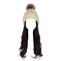 WUODHTW Frauen Beanie Hut Strickmütze Winter Wolle Strickmütze Lange Welle Locken Haar Abnehmbare warme Hutperücke Damenperücke von WUODHTW