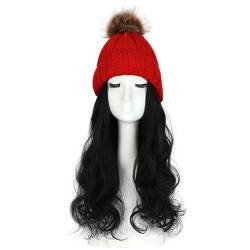 WUODHTW Frauen Beanie Hut Strickmütze Winter Wolle Strickmütze Lange Welle Locken Haar Abnehmbare warme Hutperücke Damenperücke von WUODHTW