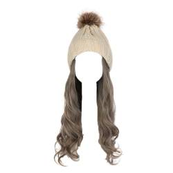 WUODHTW Frauen Beanie Hut Strickmütze Winter Wolle Strickmütze Lange Welle Locken Haar Abnehmbare warme Hutperücke Damenperücke von WUODHTW