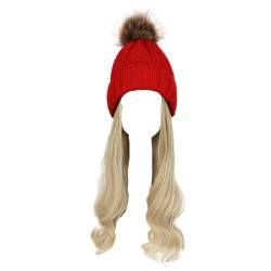 WUODHTW Frauen Beanie Hut Strickmütze Winter Wolle Strickmütze Lange Welle Locken Haar Abnehmbare warme Hutperücke Damenperücke von WUODHTW