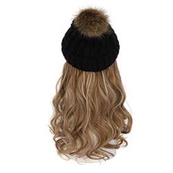 WUODHTW Frauen Beanie Hut Strickmütze Winter Wolle Strickmütze Lange Welle Locken Haar Abnehmbare warme Hutperücke Damenperücke von WUODHTW