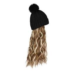 WUODHTW Hutperücke gestrickte Hutperücke Frauen Beanie Perücke Winter Beige wellige lange Haare Perücke schwarz Beanie Hut von WUODHTW