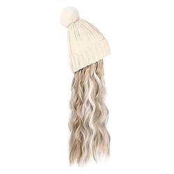 WUODHTW Hutperücke gestrickte Hutperücke Frauen Beanie Perücke Winter Beige wellige lange Haare Perücke schwarz Beanie Hut von WUODHTW