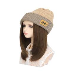 WUODHTW Women's Beanie Hat Knitted Hat Wig Winter Warmth Knitted Hat Wig Medium Length Collar Straight Hair von WUODHTW