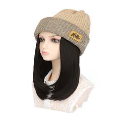 WUODHTW Women's Beanie Hat Knitted Hat Wig Winter Warmth Knitted Hat Wig Medium Length Collar Straight Hair von WUODHTW