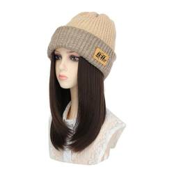 WUODHTW Women's Beanie Hat Knitted Hat Wig Winter Warmth Knitted Hat Wig Medium Length Collar Straight Hair von WUODHTW