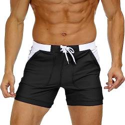 WUOJI Herren Boxer-Badehose mit Taschen Badeshorts Sportlich Körperbetont Schwimmhose Baden Strand Bermuda Shorts Gummibund mit Kordelzug Enge Boardshorts von WUOJI