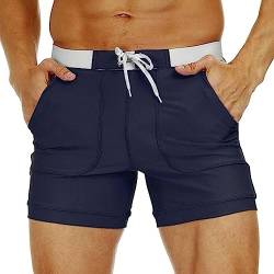 WUOJI Herren Boxer-Badehose mit Taschen Badeshorts Sportlich Körperbetont Schwimmhose Baden Strand Bermuda Shorts Gummibund mit Kordelzug Enge Boardshorts von WUOJI