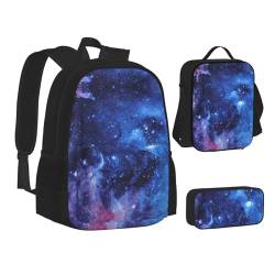 WURTON Blauer Rucksack mit Galaxie-Aufdruck, Kombination mit Lunch-Tasche, Federmäppchen-Set, Teenager, 3-in-1-Büchertaschen-Set, Blue Galaxy, Einheitsgröße von WURTON