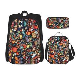 WURTON Color Stones Hippie-Druck-Schulrucksack, verstellbare Schultergurte, Lunch-Tasche, Federmäppchen, 3-in-1-Set Tasche von WURTON