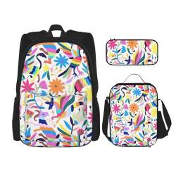 WURTON Mexikanischer Rucksack mit Otomi-Tier-Aufdruck, für Mädchen und Jungen, Schulranzen, Lunchbox- und Federmäppchen, 3-in-1-Büchertaschen-Set von WURTON