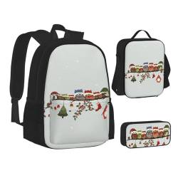 WURTON Niedliche Weihnachts-Eulen auf Ast, Rucksack, Lunchbox-Set, 3-in-1, Schul-Büchertasche und Federmäppchen, passende Kombination von WURTON