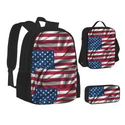 WURTON Rucksack-Lunchbox-Set mit amerikanischer Flagge, 3-in-1, Schul-Büchertasche und Federmäppchen, passende Kombination von WURTON