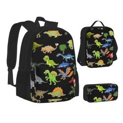 WURTON Rucksack mit Cartoon-Dinosaurier-Bildern, 3-in-1, Schul-Büchertasche und Federmäppchen, passende Kombination von WURTON