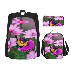 WURTON Rucksack mit Schmetterlings- und Blumenmotiv, verstellbare Schultergurte, Lunch-Tasche, Federmäppchen, 3-in-1-Set, Violett von WURTON