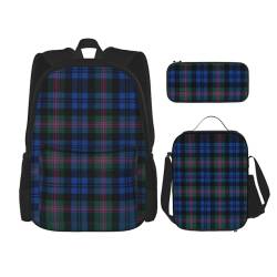 WURTON Rucksack mit schottischem Schottenkaro, Blau und Grün, für Mädchen und Jungen, Schulranzen, Lunchbox und Federmäppchen, 3-in-1-Büchertaschen-Set von WURTON