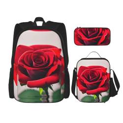 WURTON Schulrucksack, Motiv: Rote Rose, verstellbare Schultergurte, Lunch-Tasche, Federmäppchen, 3-in-1-Set von WURTON