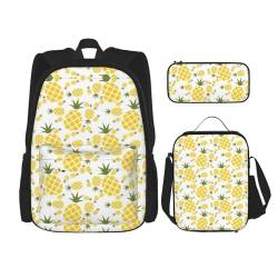 WURTON Schulrucksack mit Ananas-Motiv, verstellbare Schultergurte, Lunch-Tasche, Federmäppchen, 3-in-1-Set Tasche von WURTON