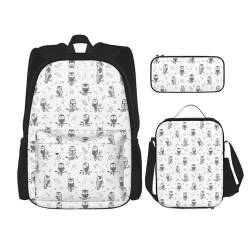 WURTON Schulrucksack mit Eulen-Motiv, verstellbare Schultergurte, Lunch-Tasche, Federmäppchen, 3-in-1-Set von WURTON