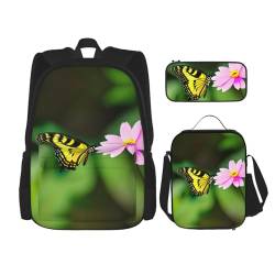 WURTON Schulrucksack mit Frühlingsblumen- und Schmetterlings-Aufdruck, verstellbare Schultergurte, Lunch-Tasche, Federmäppchen, 3-in-1-Set Tasche von WURTON