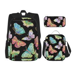 WURTON Schulrucksack mit Schmucksteinen und Schmetterlingen, verstellbare Schultergurte, Lunch-Tasche, Federmäppchen, 3-in-1-Set Tasche von WURTON