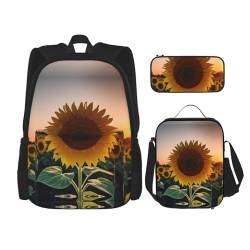 WURTON Schulrucksack mit Sonnenblumen- und Sonnenuntergang, verstellbare Schultergurte, Lunch-Tasche, Federmäppchen, 3-in-1-Set Tasche von WURTON